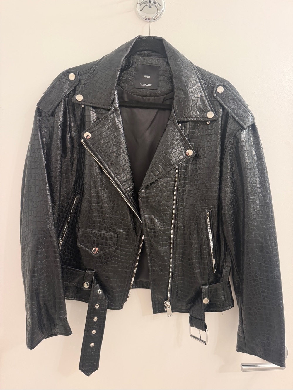 Mango Black Croc-Embossed Leather Moto Jacket